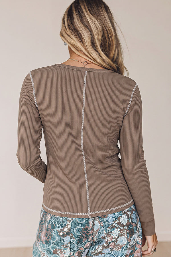 KaleaBoutique Stylish V Neck Ribbed Stitched Detail Long Sleeve Top - KaleaBoutique.com