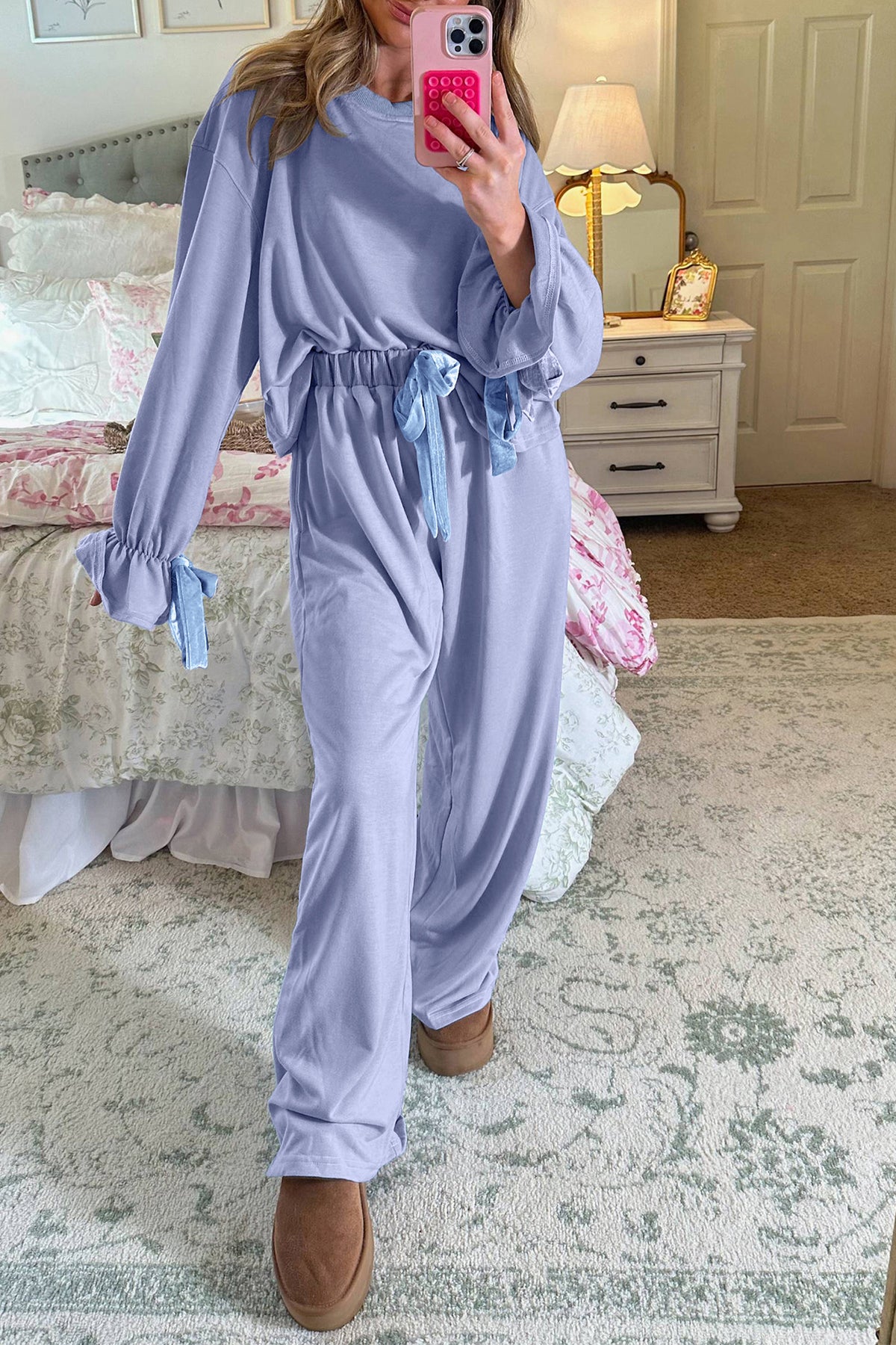 KaleaBoutique Comfortable Flounce Long Sleeve Top Drawstring Pants Contrast Velvet Bow Knot 2pcs Lounge Set - KaleaBoutique.com