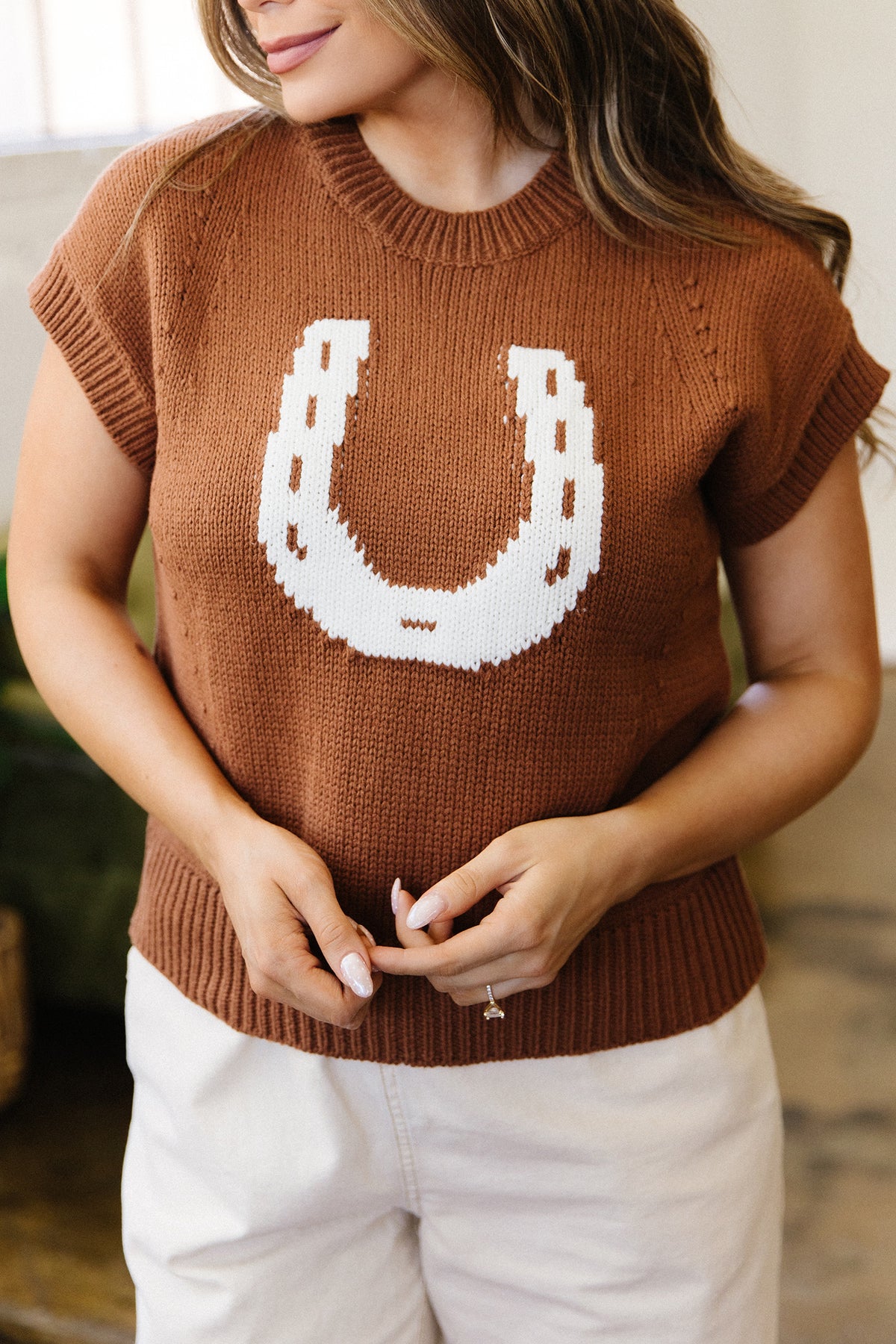 KaleaBoutique Comfortable Western Horseshoe Pattern Short Sleeve Knit Sweater - KaleaBoutique.com