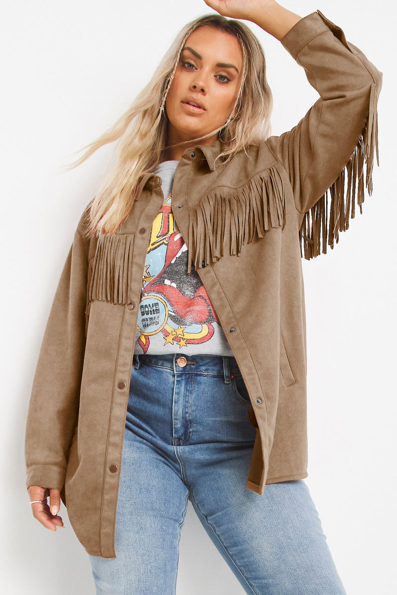 KaleaBoutique Fringe Trim Plus Size Suede Shacket - KaleaBoutique.com