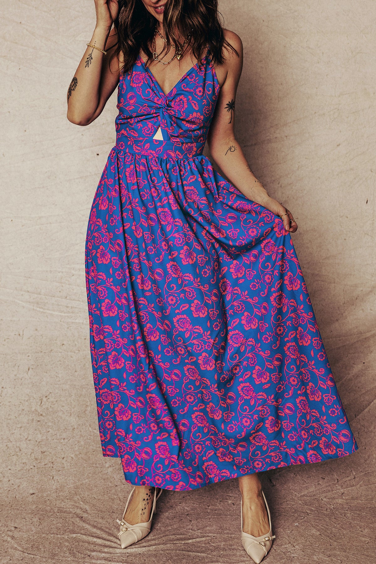 KaleaBoutique Stylish Floral Print Twisted V Neck Tied Backless Maxi Dress - KaleaBoutique.com