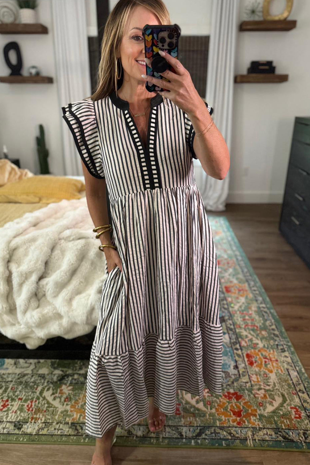 Double Ruffled Short Sleeve Contrast Trim V Neck Midi Dress - KaleaBoutique.com