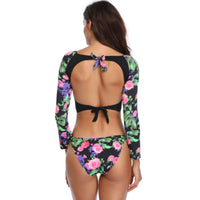 Women's Black Floral Long-Sleeve Crop Tank Top 2 PC Bikini Set - KaleaBoutique.com
