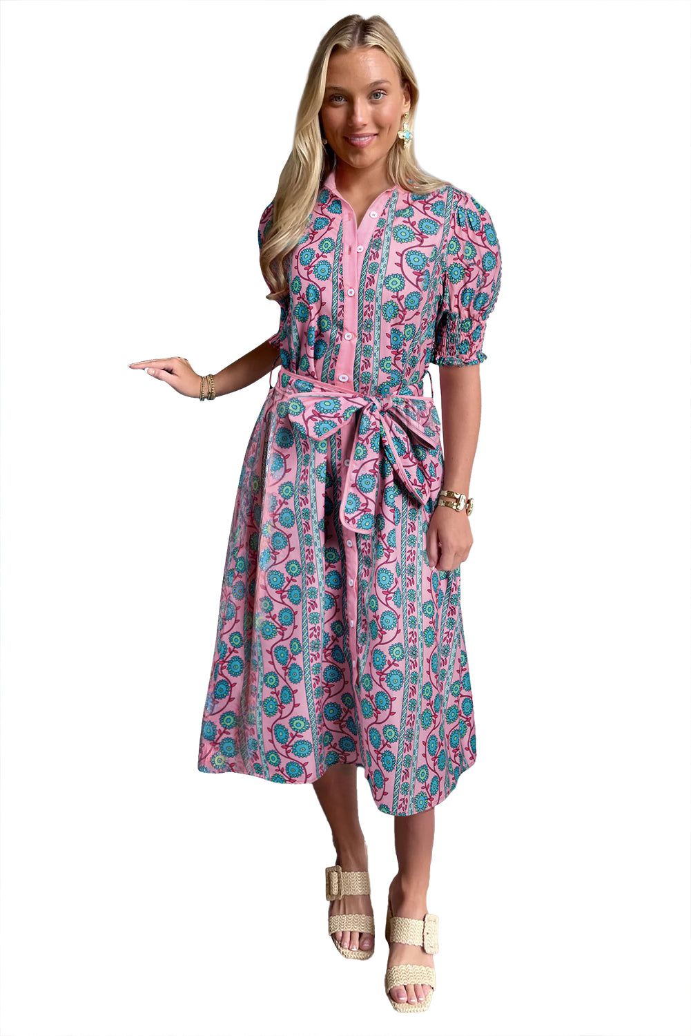 KaleaBoutique Stylish Floral Shirred Puff Sleeve Buttoned Front Midi Dress with Sash - KaleaBoutique.com