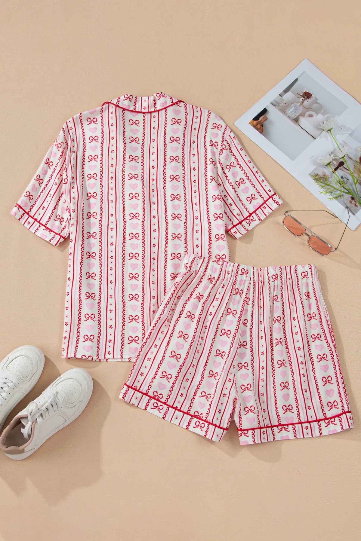 KaleaBoutique Stylish Cute Bow Heart Print Ribbon Decor Short 2pcs Pajama Set - KaleaBoutique.com
