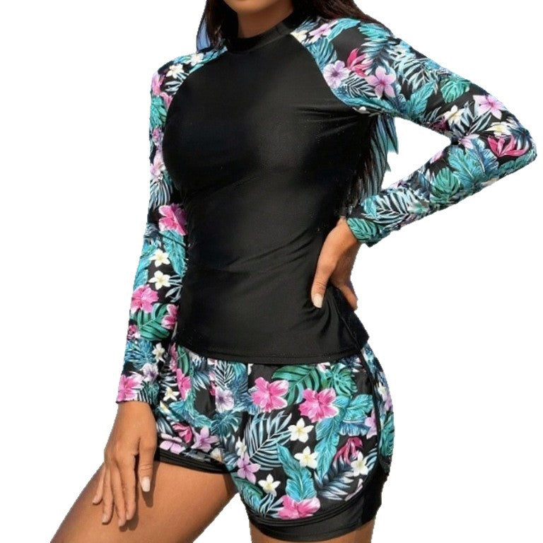Women's Tropical Floral Long-Sleeve Swim Set with Shorts - KaleaBoutique.com