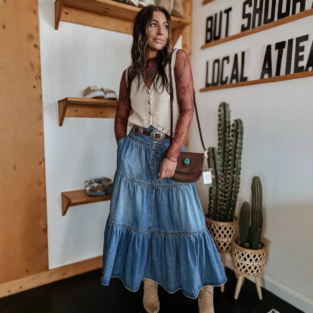 Bohemian A- Line Layered Cake Denim Skirt - KaleaBoutique.com