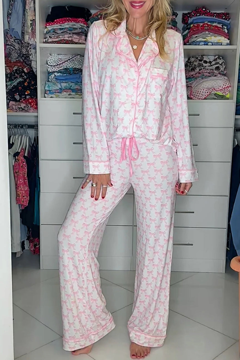 KaleaBoutique Stylish Bow Print Long Sleeve Shirt and Pants Soft Pajama Set - KaleaBoutique.com