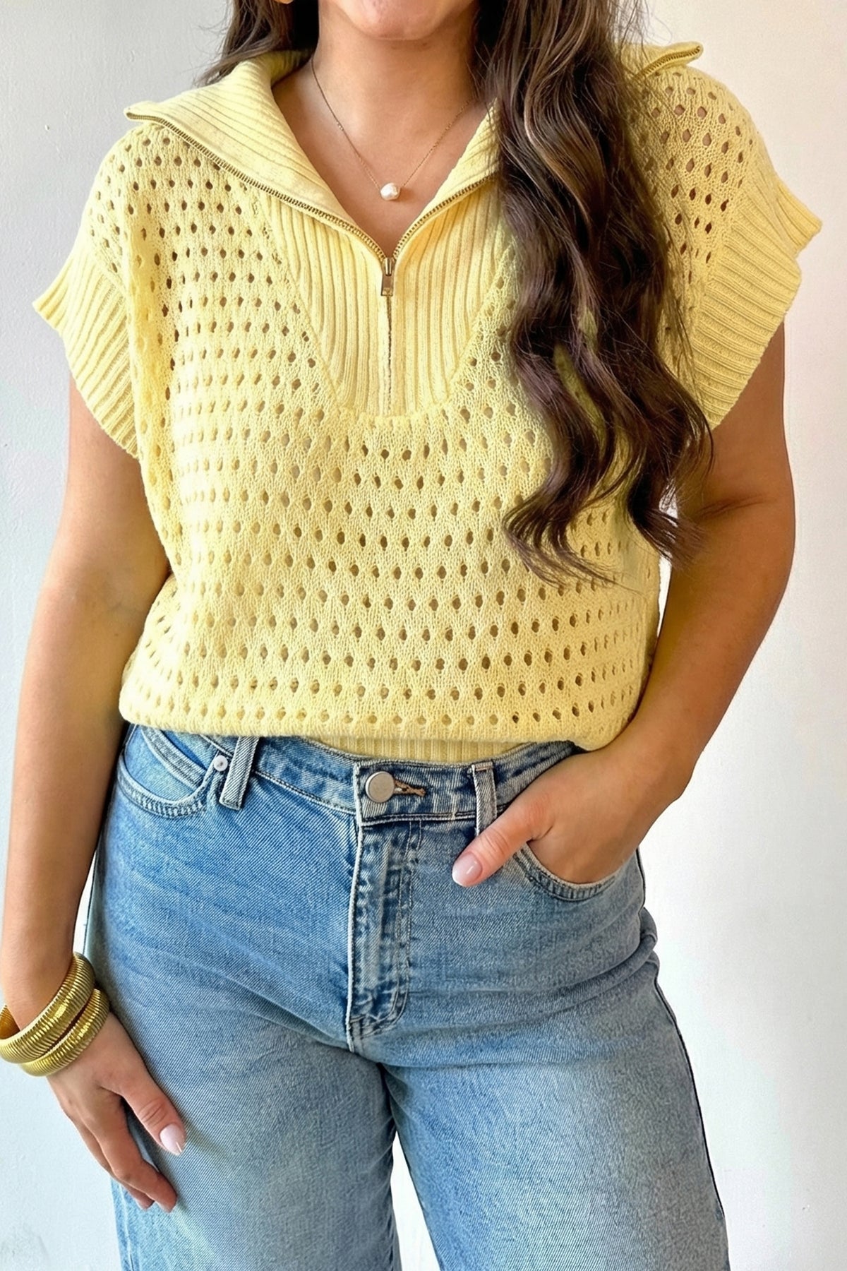 KaleaBoutique Stylish Solid Color Hollowed Knit Short Sleeve Zipper Collar Knitwear Top - KaleaBoutique.com