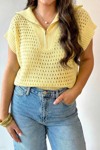 KaleaBoutique Stylish Solid Color Hollowed Knit Short Sleeve Zipper Collar Knitwear Top - KaleaBoutique.com