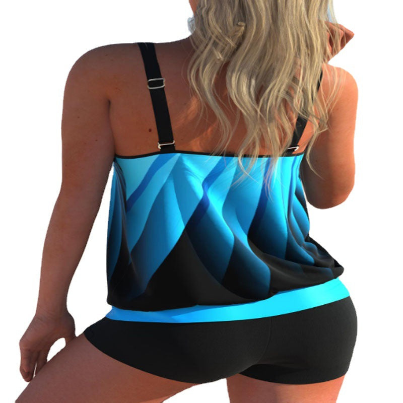 Women's Blue Abstract-Print Blouson Tankini Set with Swim Shorts - KaleaBoutique.com