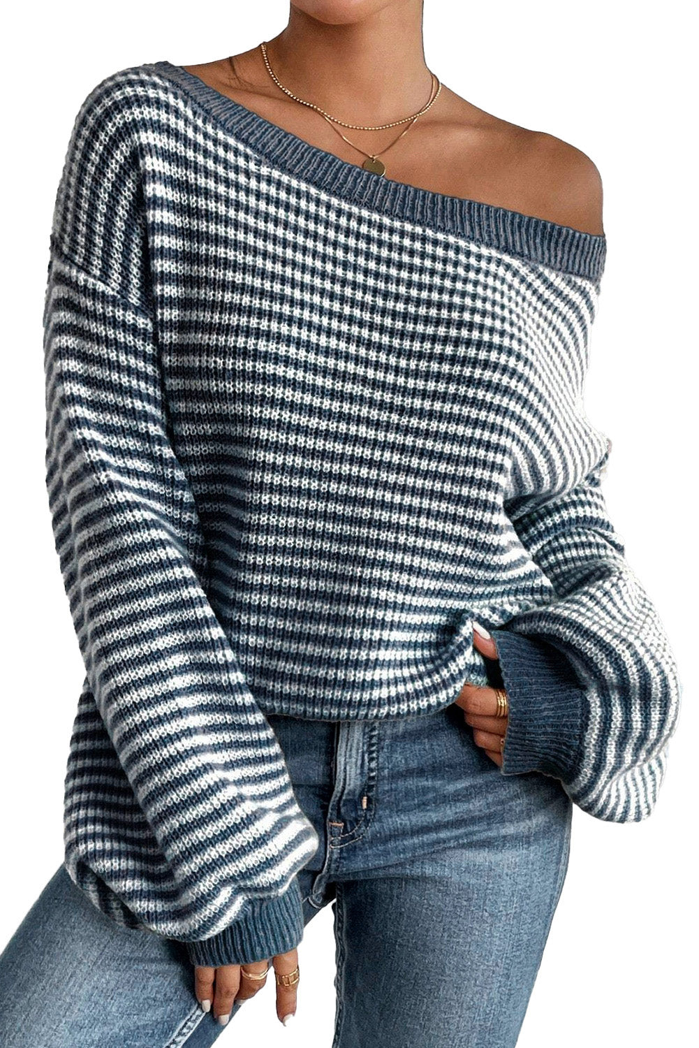 KaleaBoutique Striped Lantern Sleeve Drop Shoulder Cozy Sweater - KaleaBoutique.com