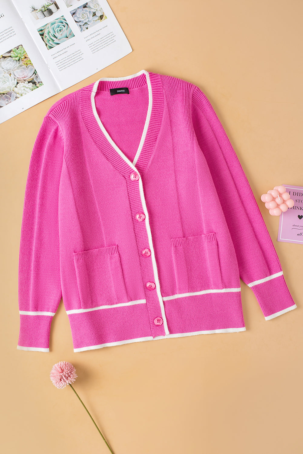 KaleaBoutique Comfortable Color Contrast Side Pockets Button V Neck Cardigan - KaleaBoutique.com
