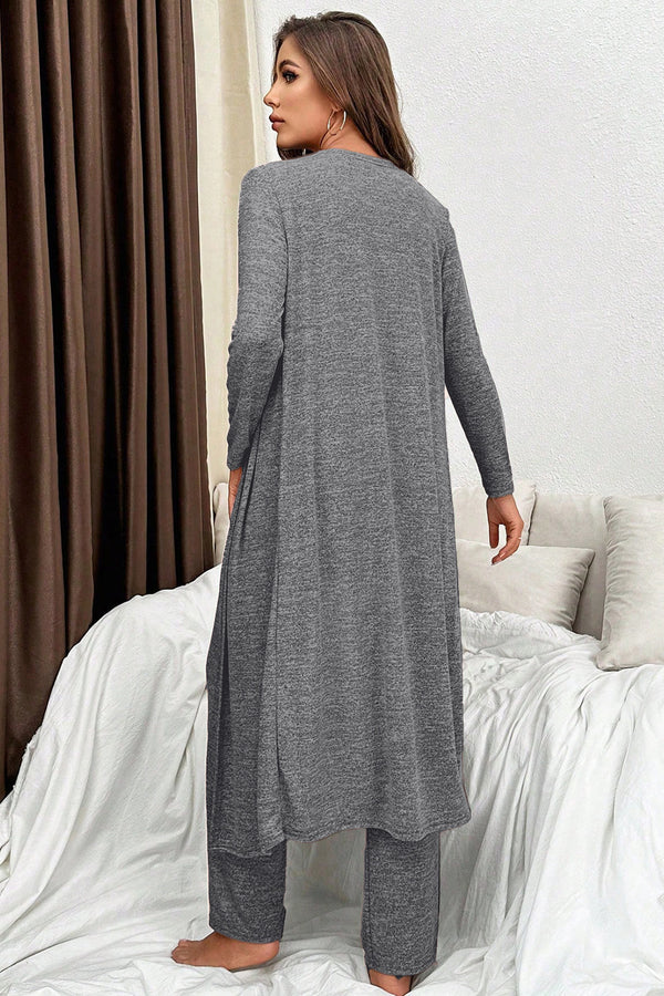 KaleaBoutique Stylish 3 Pcs V Neck T Shirt Ribbon Knot Pants Open Duster 3pcs Lounge Set - KaleaBoutique.com