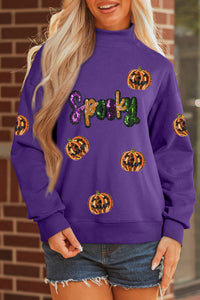 Purple Sequin Pumpkin SPOOKY Mock Neck Halloween Sweatshirt - KaleaBoutique.com