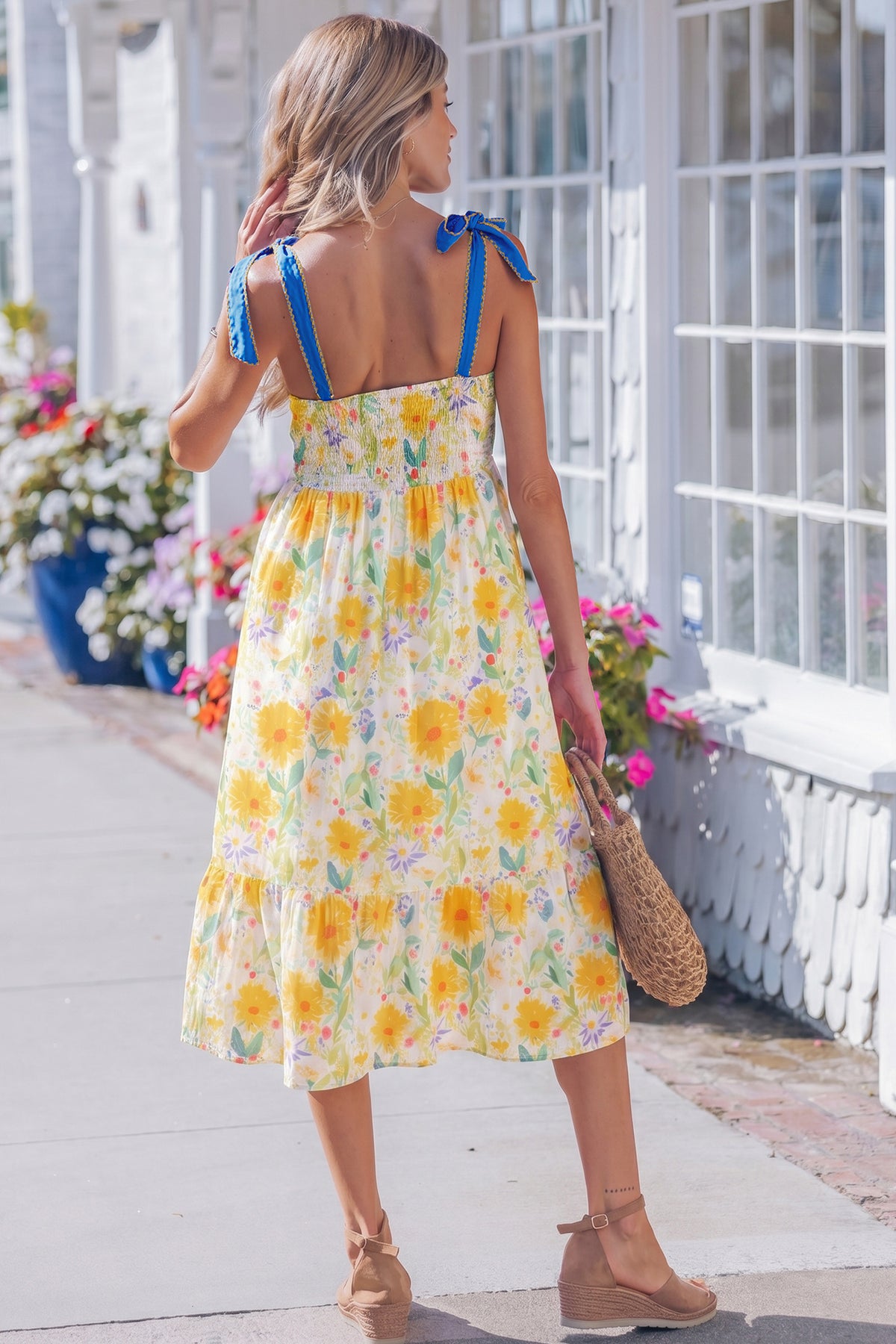 KaleaBoutique Comfortable Floral Print Contrast Stitched Knot Denim Straps High Waist Dress - KaleaBoutique.com