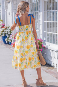 KaleaBoutique Comfortable Floral Print Contrast Stitched Knot Denim Straps High Waist Dress - KaleaBoutique.com