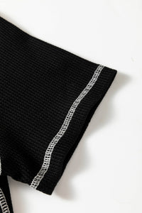 KaleaBoutique Black Waffle Textured Contrast Trim V Neck Tee - KaleaBoutique.com