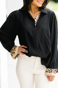 KaleaBoutique Stylish Contrast Leopard Print Patchwork Polo Collar Buttons Front Ruffled Long Sleeve Blouse - KaleaBoutique.com