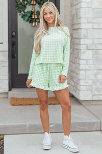 KaleaBoutique Stylish Gingham Long Sleeve Loose Top Drawstring Shorts 2pcs Lounge Set - KaleaBoutique.com