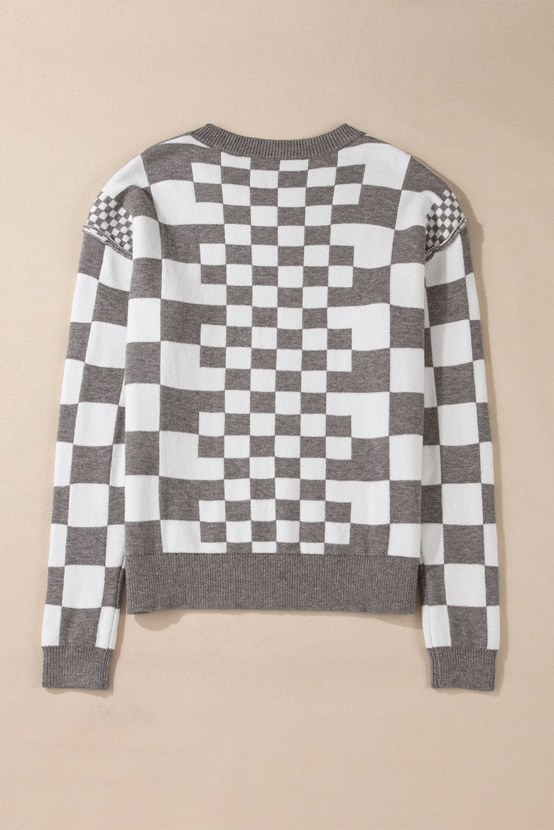 KaleaBoutique Checkered Print Drop Shoulder Round Neck Sweater - KaleaBoutique.com
