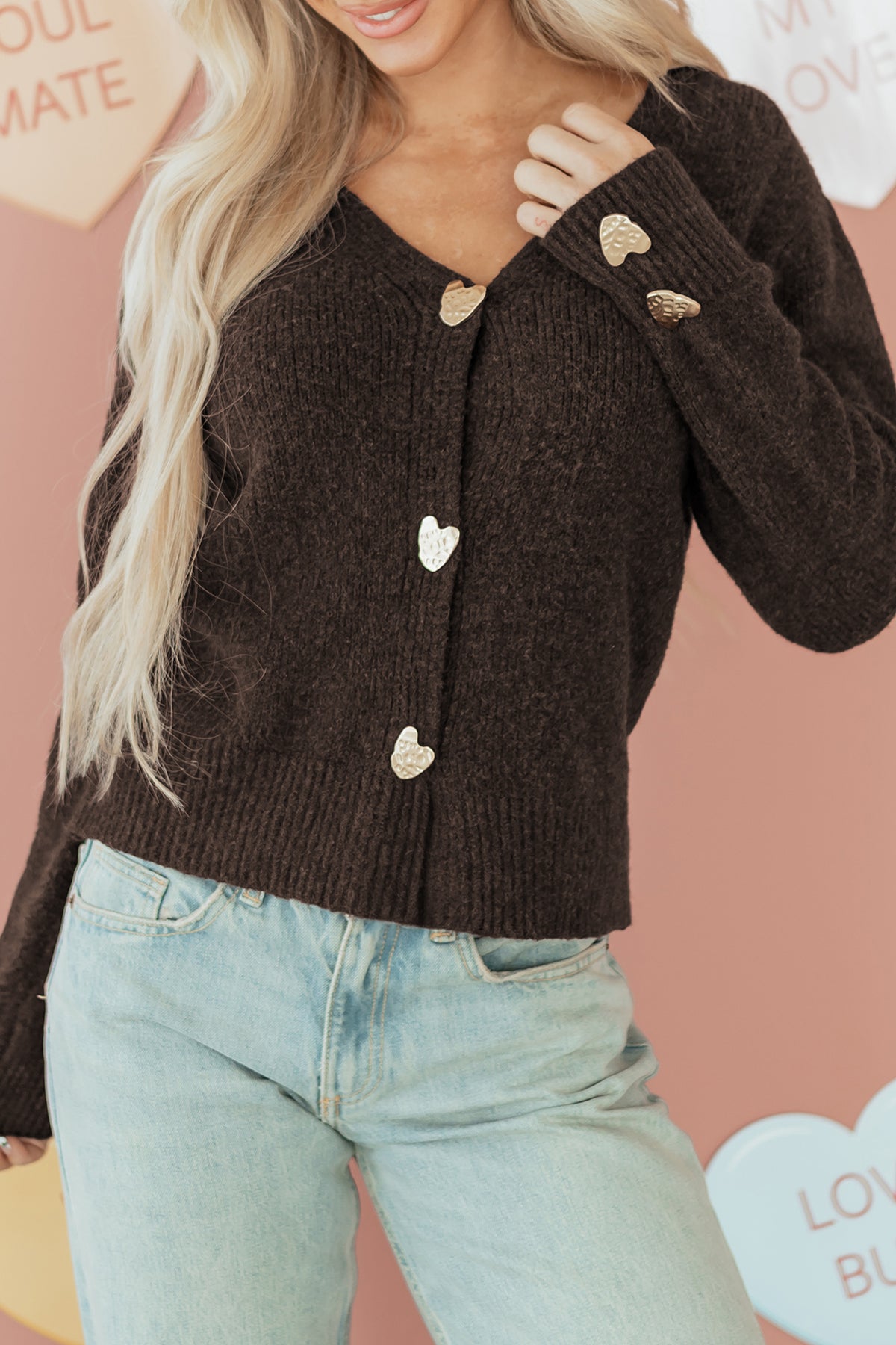 KaleaBoutique Comfortable Heart Metal Button V Neck Cardigan Sweater - KaleaBoutique.com