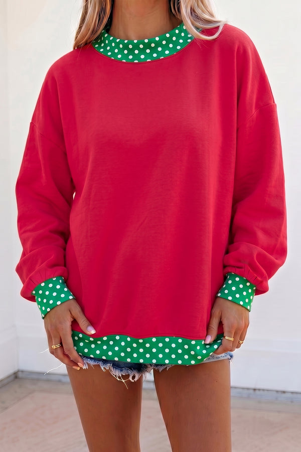 KaleaBoutique Comfortable Colorblock Polka Dot Contrast Trim Oversized Sweatshirt - KaleaBoutique.com