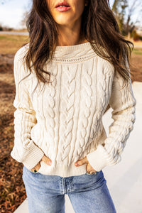 Drop Shoulder Round Neck Cable Knit Sweater - KaleaBoutique.com