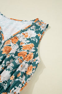 KaleaBoutique Stylish Floral Print Trimmed V Neck Tie Waist Sleeveless Holiday Long Dress - KaleaBoutique.com
