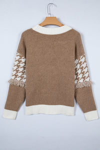 KaleaBoutique Classic Houndstooth Color Block V Neck Raw Edge Button Front Cardigan - KaleaBoutique.com