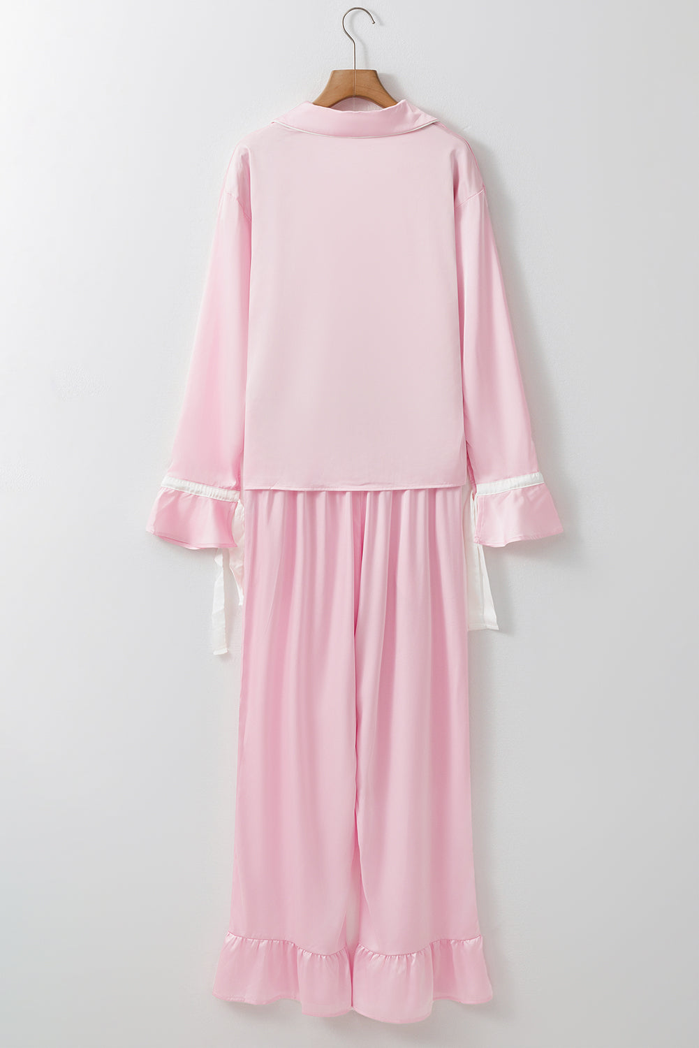 KaleaBoutique Comfortable Satin Knot Accent Shirt and Ruffled Pants Lounge Set - KaleaBoutique.com