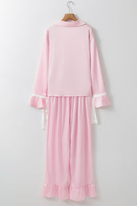 KaleaBoutique Comfortable Satin Knot Accent Shirt and Ruffled Pants Lounge Set - KaleaBoutique.com
