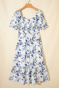 Smocked Bodice Short Puff Sleeve Tiered Floral Midi Dress - KaleaBoutique.com