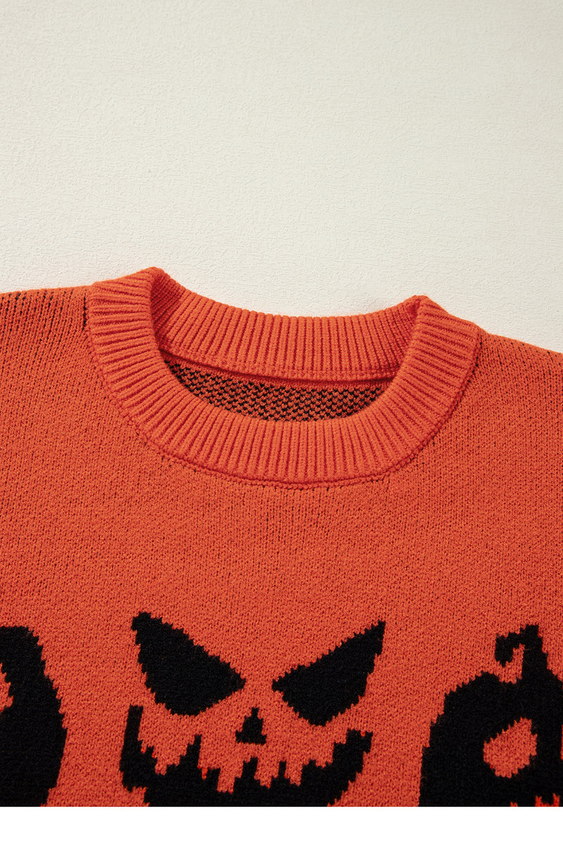 KaleaBoutique Halloween Pumpkin Face Pattern Drop Shoulder Sweater - KaleaBoutique.com