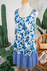 KaleaBoutique Stylish Floral Print U Neck Sleeveless Striped Ruffle Hem Patchwork Dress - KaleaBoutique.com