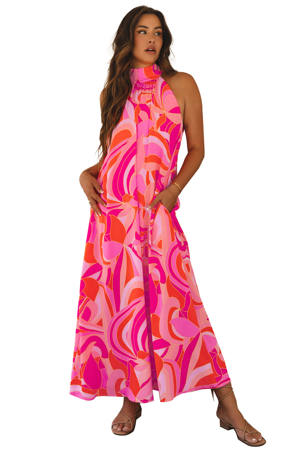 KaleaBoutique Stylish Abstract Printed High Neck Knotted Nape Sleeveless Maxi Dress - KaleaBoutique.com
