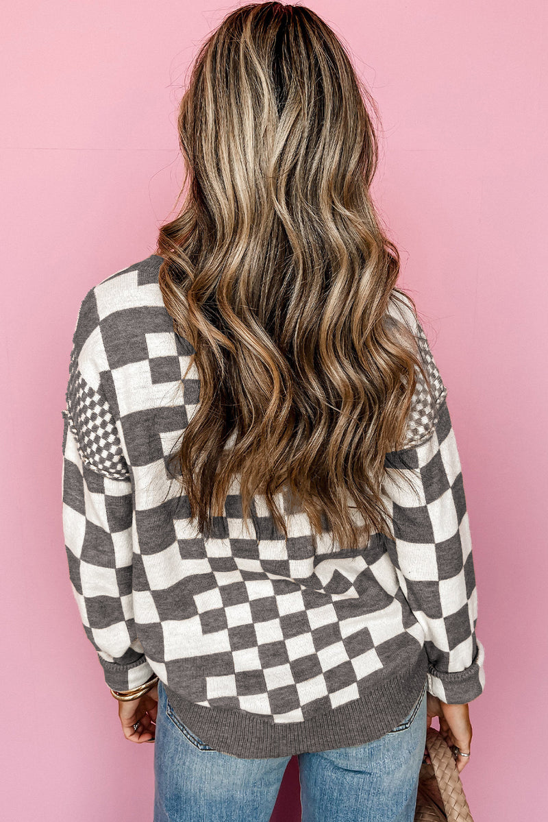 KaleaBoutique Checkered Print Drop Shoulder Round Neck Sweater - KaleaBoutique.com