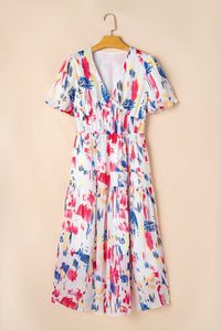 KaleaBoutique Stylish Abstract Print Short Puff Sleeve Tiered Maxi Dress - KaleaBoutique.com