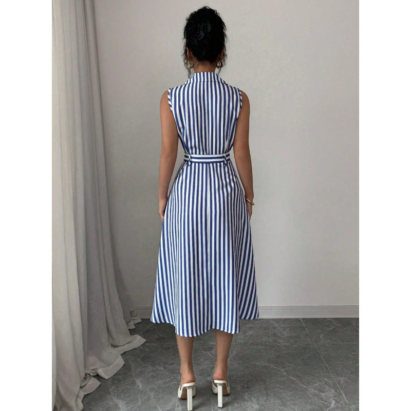 Women's Striped Sleeveless Collared Belted Midi Dress - KaleaBoutique.com