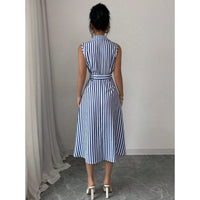 Women's Striped Sleeveless Collared Belted Midi Dress - KaleaBoutique.com