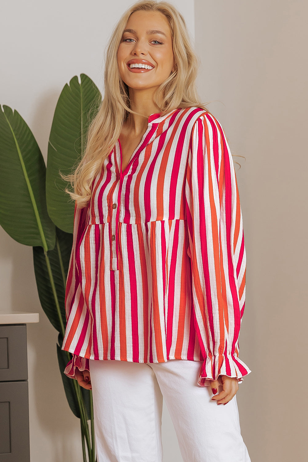 KaleaBoutique Stylish Balloon Sleeve Notched V Neck Buttoned Front Blouse - KaleaBoutique.com