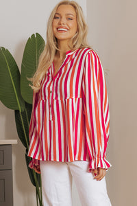 KaleaBoutique Stylish Balloon Sleeve Notched V Neck Buttoned Front Blouse - KaleaBoutique.com