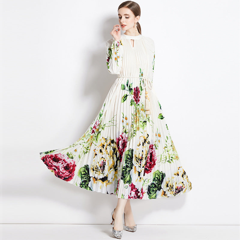 Women's Floral Keyhole-Neck Lantern-Sleeve Pleated Midi Dress - KaleaBoutique.com