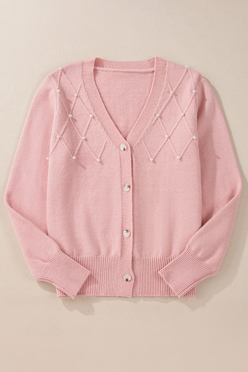 KaleaBoutique Stylish Textured Knit Pearl Beaded Button Up Cardigan - KaleaBoutique.com