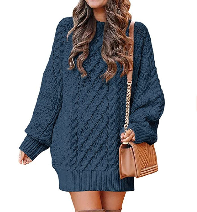 Women's Round-Neck Cable-Pattern Balloon-Sleeve Sweater Dress - KaleaBoutique.com