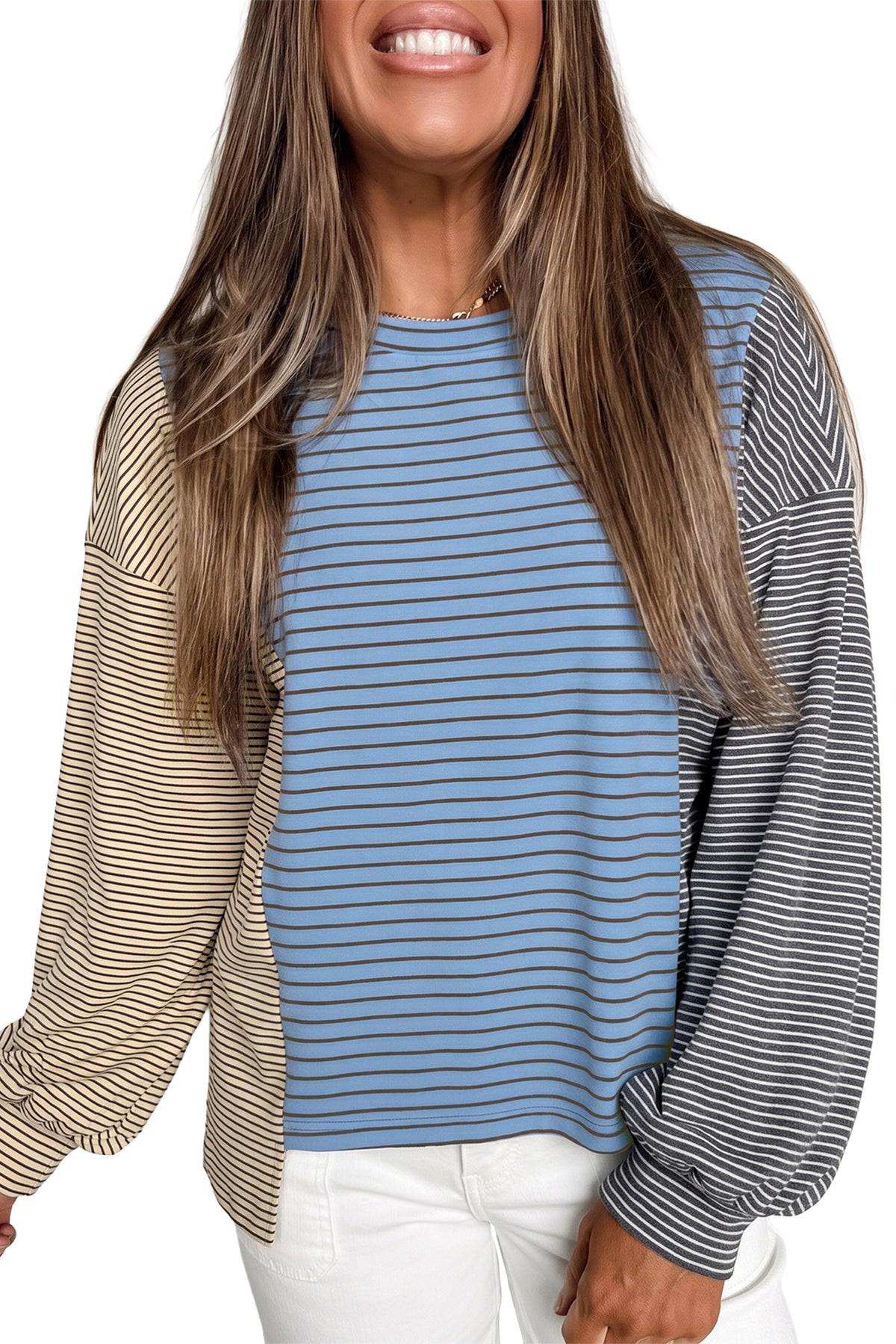 KaleaBoutique Stylish Color Block Contrast Long Sleeve Round Neck Casual Shift Pullover - KaleaBoutique.com