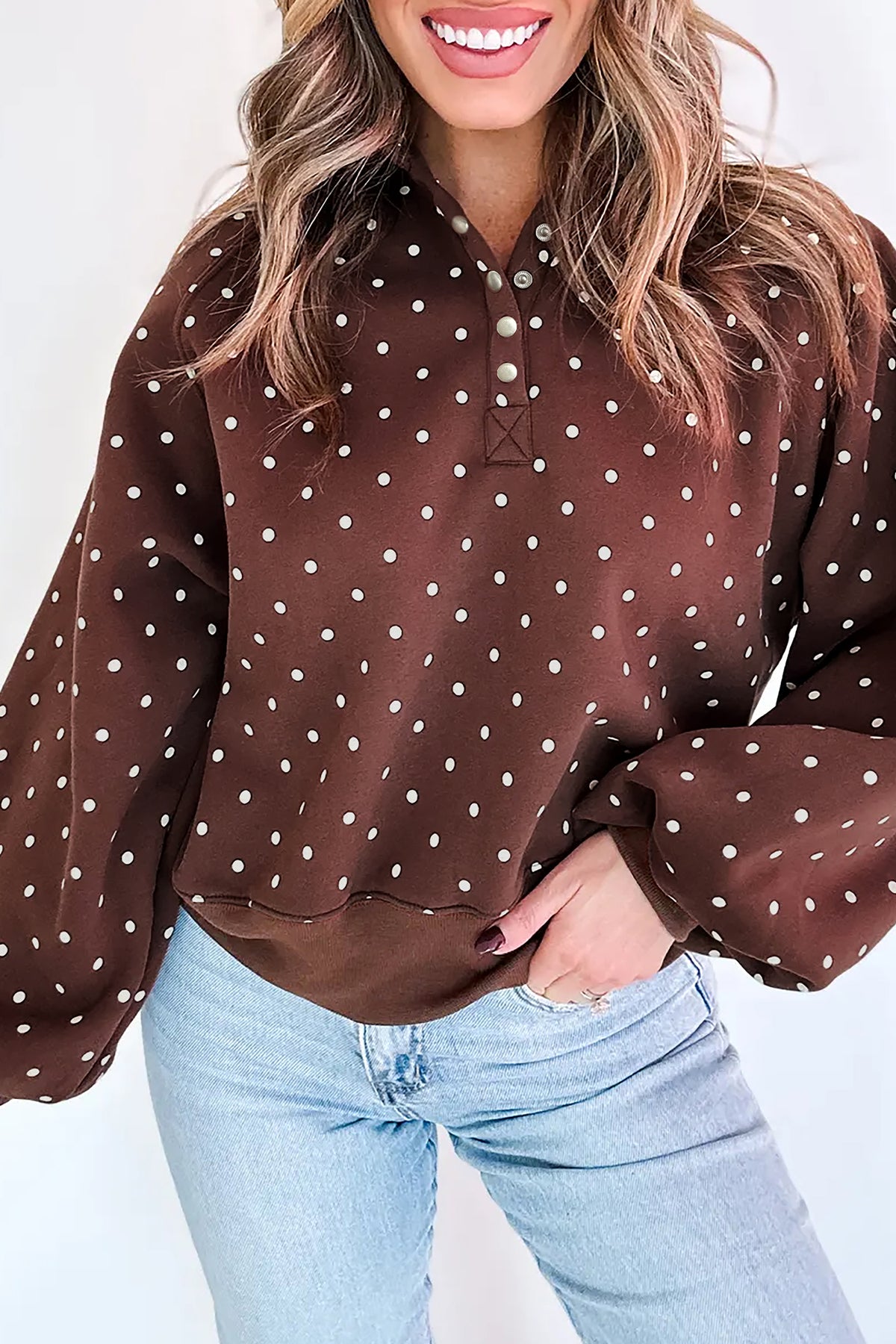 KaleaBoutique Stylish Polka Dot Print Metal Button Collar Casual Pullover Sweatshirt - KaleaBoutique.com
