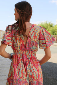 KaleaBoutique Comfortable Paisley Print V-Neck Short Sleeve Boho Maxi Dress with Ruffle Details - KaleaBoutique.com