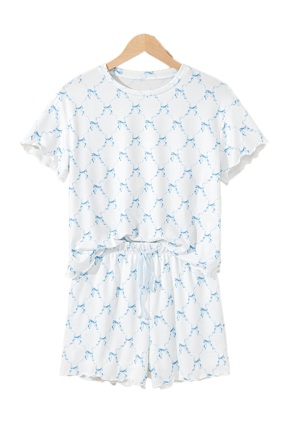 KaleaBoutique Stylish Bow Knot Geometric Print Lettuce Trim Two Piece Lounge Set