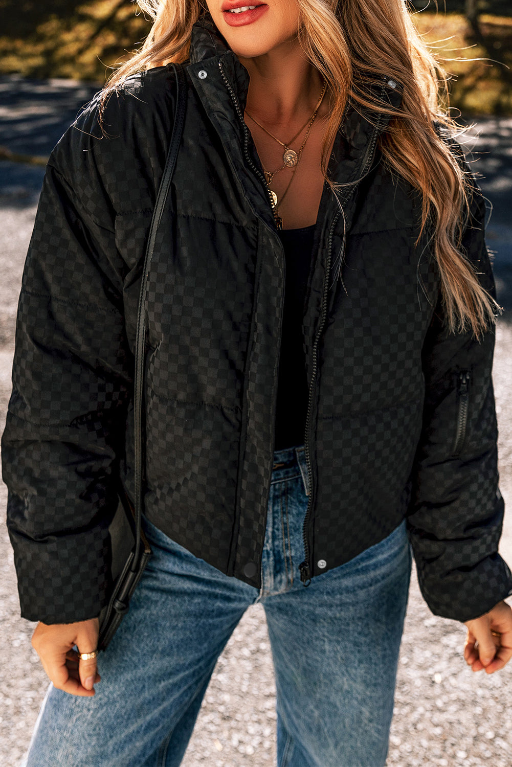 KaleaBoutique Checkerboard Full Zipper Puffer Jacket